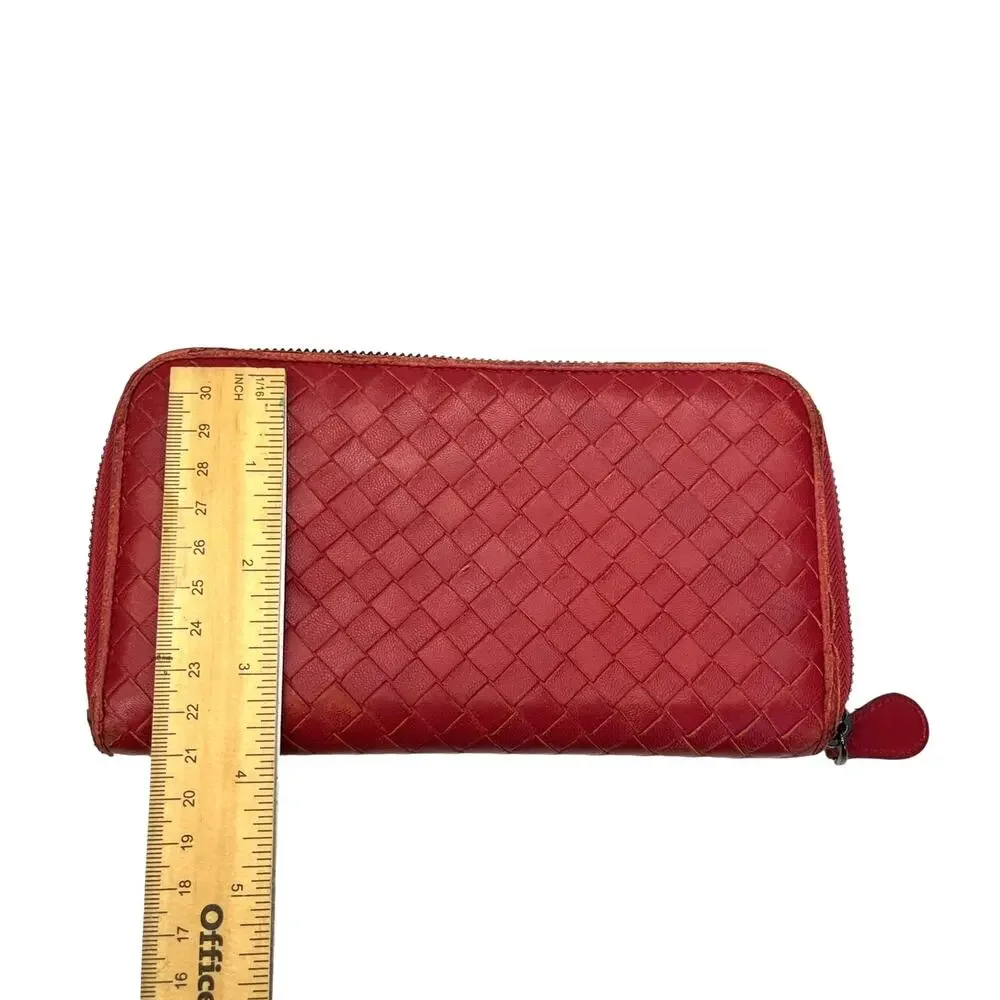 Bottega Veneta Intrecciato Red Leather Zip Around Continental Wallet